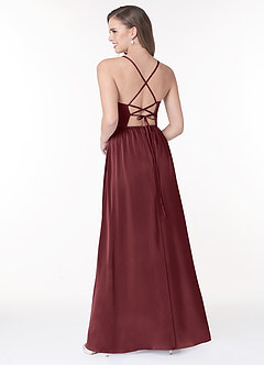Azazie Raya Bridesmaid Dresses Merlot A-Line V-Neck Pleated Stretch Satin Dress image2