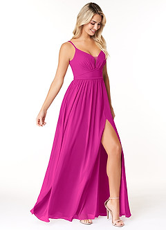 Azazie Rayna Vestidos de damas de honor Vestido de Fucsia de Gasa de Corte en A con Cuello en V plisado image4