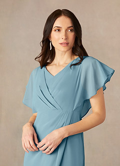 Azazie Julia Mother of the Bride Dresses Moody Blue Sheath V-Neck Pleated Chiffon Dress image3