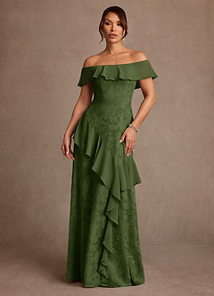 Azazie Marina Mother of the Bride Dresses Olive A-Line Off the Shoulder Floral Burnout Dress image1
