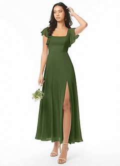 Azazie Bondi Bridesmaid Dresses Olive A-Line Ruched Chiffon Dress image1