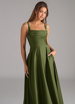 Azazie Shaude Bridesmaid Dresses Olive A-Line Pleated Stretch Satin Dress image2