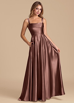 Azazie Shaude Bridesmaid Dresses Espresso A-Line Pleated Metallic Satin Dress image3