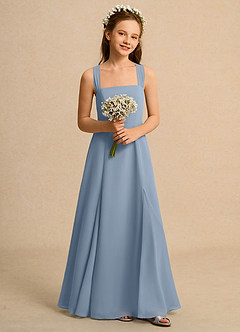 Azazie Tater Junior Formal Robe Demoiselle D'honneur Fillette Robe Trapèze en Mousseline de soie Plissée Bleu Poussiéreux image4