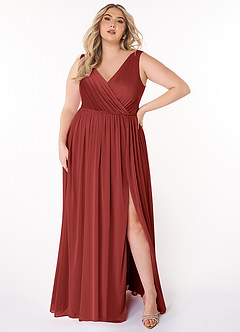 Azazie Tanicia Brautjungfernkleider A-Linie V-Hals Gefaltet Gittergewebe Kleid Rost image5