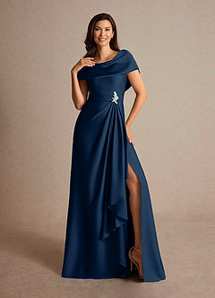 Azazie Branford Mother of the Bride Dresses Dark Navy A-Line Pleated Stretch Satin Dress image6