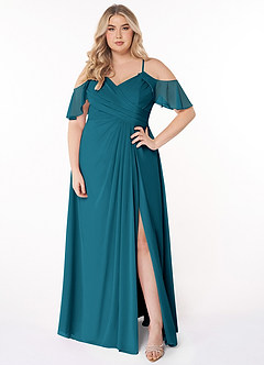 Azazie Dakota Robes de demoiselle d'honneur Robe Trapèze en Mousseline de soie Col V plissé Bleu Encre image6
