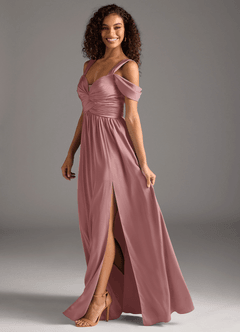 Azazie Lianne Bridesmaid Dresses Dusty Rose A-Line Off the Shoulder Stretch Satin Dress image7