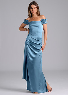 Azazie Kalysia Brautjungfernkleider Wandelbar Meerjungfrau-Linie Schulterfrei Stretch-Satin Kleid Stahlblau image3