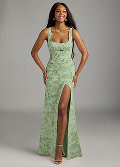 Azazie Mero Bridesmaid Dresses Green Fern Floral Sheath Pleated Chiffon Dress image3