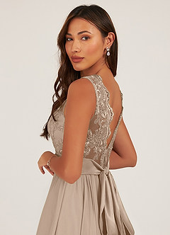 Azazie Gertrude Bridesmaid Dresses Taupe A-Line Lace Chiffon Dress image7