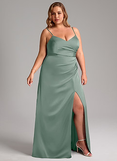 Azazie Azuree Essayer des robes à la maison Robe Trapèze en Satin extensible Plissée Eucalyptus image12