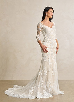 Azazie Neela Hochzeitskleider Meerjungfrau-Linie V-Hals Spitze Tüll Kleid Diamantweiß Champagner image1