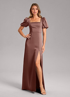 Azazie Fyona Brautjungfernkleider A-Linie Plissee Stretch-Satin Kleid Espresso image1
