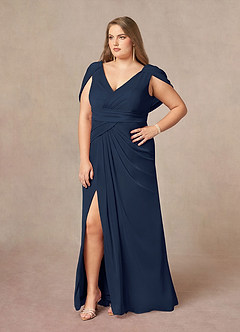 Azazie Luisa vestidos de madre de la novia Vestido de Azul Marino Oscuro de Malla de Sirena con Cuello en V Plisado image9