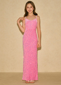 Azazie Nini Girls Formal vestidos de niña de las flores Vestido de Rosa Caramelo de Lentejuelas de Corte Recto image4