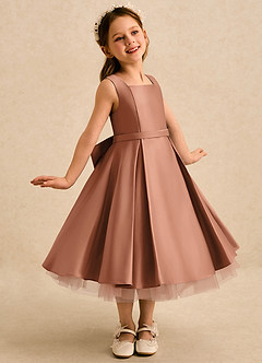 Azazie Josie Flower Girl Dresses Bronzer A-Line Pleated Matte Satin Dress image1