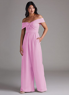 Azazie Lamara Bridesmaid Dresses Candy Pink Off the Shoulder Chiffon Convertible Jumpsuit image4