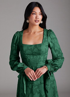 Azazie Leonia Bridesmaid Dresses Dark Green A-Line Long Sleeve Floral Burnout Dress image6
