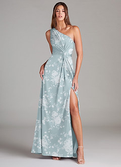 Azazie Brooke Vestidos de damas de honor Vestido de Floral Azul Polvo de Satén Elástico de Corte en A con Hombro unilateral image1