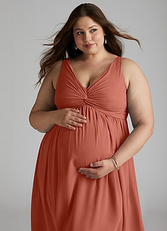 Azazie Yetta Maternity Bridesmaid Dresses A-Line V-Neck Gathered Chiffon Floor-Length Dress image8