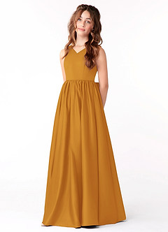 Azazie Hathaway Junior Butterscotch A-Line Bow Matte Satin Dress image3