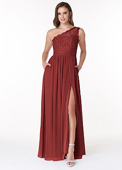 Azazie Demi Bridesmaid Dresses Rust A-Line One Shoulder Chiffon Dress image1