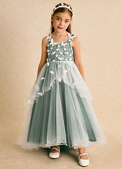 Azazie Darlina Flower Girl Dresses Ivory Eucalyptus Ball-Gown Lace Tulle Dress image5