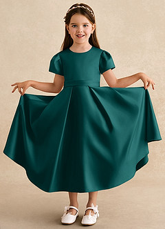 Azazie Princess Flower Girl Dresses Peacock A-Line Pleated Matte Satin Dress image3