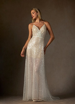 Azazie Idony Vestidos de novia Vestido de Blanco Diamante Champán de Lentejuelas de Corte en A con Lentejuelas Cuello V image2
