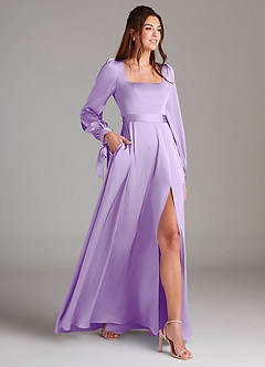 Azazie Leonia Bridesmaid Dresses Lilac A-Line Long Sleeve Stretch Satin Dress image4