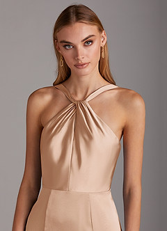 Azazie Elana Bridesmaid Dresses English Rose Sheath Side Slit Stretch Satin Dress image6