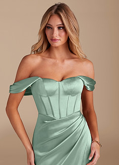Azazie Asha Bridesmaid Dresses Agave Sheath Off the Shoulder Metallic Satin Dress image5