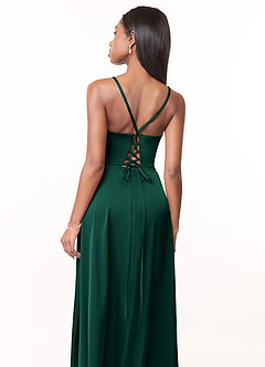Azazie Maksim Bridesmaid Dresses Emerald A-Line V-Neck Stretch Satin Dress image3