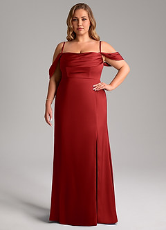 Azazie Saige Bridesmaid Dresses Pomegranate Sheath Off the Shoulder Stretch Satin Dress image15