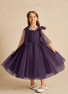 Azazie Dori Robe Demoiselle D'honneur Fillette Robe Trapèze en Tulle Rayé Prune image6