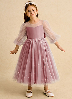 Azazie Trudy vestidos de niña de las flores Vestido de Rosa Antigua de Tul de Corte Princesa con Escote de Corazón image3