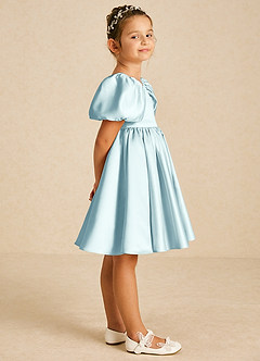 Azazie Muffin Flower Girl Dresses Sea Glass A-Line with Sleeves Matte Satin Dress image3
