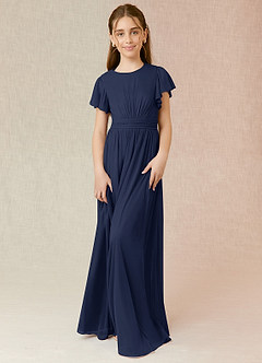 Azazie Mosley Junior Dark Navy A-Line Ruched Mesh Dress image1