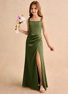 Azazie Noah Girls Formal Jurken voor bloemenmeisjes Kolom Jurk van Stretch Satijn Geplooide Olijf image1