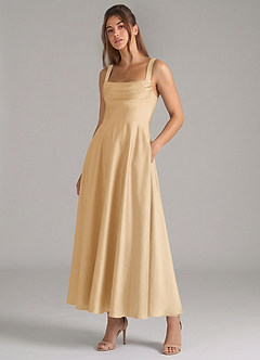 Azazie Shaude Robes de demoiselle d'honneur Robe Trapèze en Satin extensible Plissée Or image5