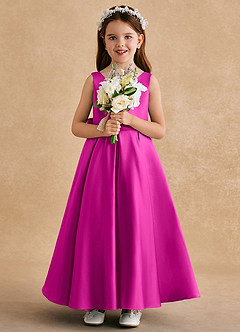 Azazie Honey Bear Flower Girl Dresses Fuchsia A-Line Pleated Matte Satin Dress image3