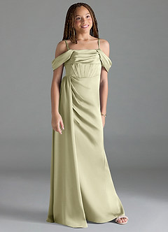 Azazie Amyra Junior Pistachio Sheath Off the Shoulder Stretch Satin Dress image3