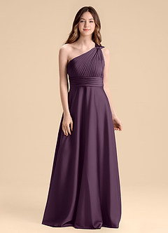 Azazie Charlize Junior Plum A-Line Pleated Stretch Satin Dress image1