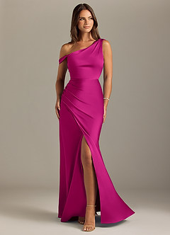 Azazie Madelyn Bridesmaid Dresses Fuchsia Mermaid Off the Shoulder Stretch Satin Convertible Dress image1