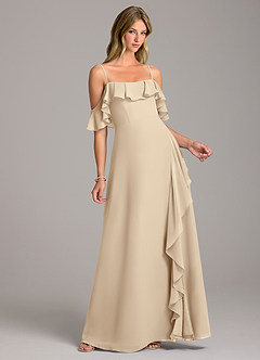 Azazie Aubrie Bridesmaid Dresses Champagne A-Line Off the Shoulder Chiffon Dress image1