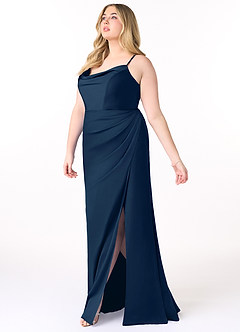Azazie Marzia Vestidos de damas de honor Vestido de Azul Marino Oscuro de Satén Elástico de Corte Recto con Cuello V Plisado image9