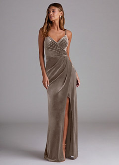 Azazie Maci Bridesmaid Dresses Silver Taupe Sheath Pleated Velvet Dress image4