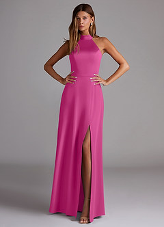 Azazie Myra Bridesmaid Dresses Fuchsia A-Line Side Slit Stretch Satin Dress image3