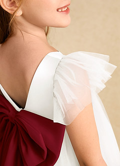 Azazie Munchkin Flower Girl Dresses Ivory Burgundy A-Line Bow Tulle Dress image6